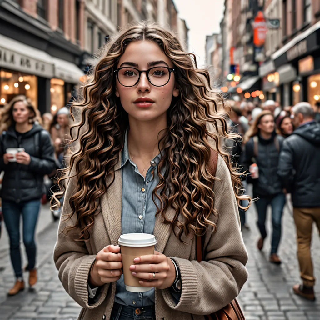 a woman with long curly hair and glasses holding a coffee cup in her hands while walking down a street, art nouveau, a stock photo, Elke Vogelsang, glasses