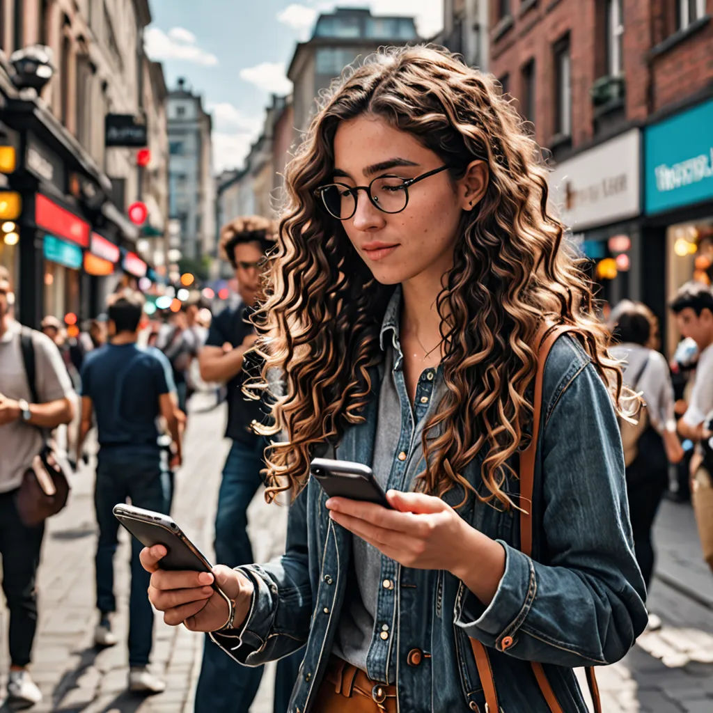 a woman with curly hair and glasses is looking at her cell phone on a busy street corner in a city, art & language, a stock photo, Daniel Lieske, promotional image