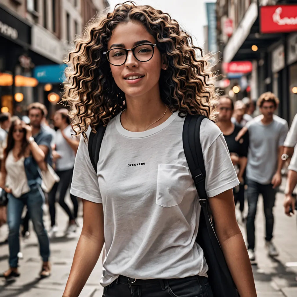 a woman with glasses walking down a street with a backpack on her back and people walking on the sidewalk behind her, barbizon school, a stock photo, Elke Vogelsang, girl