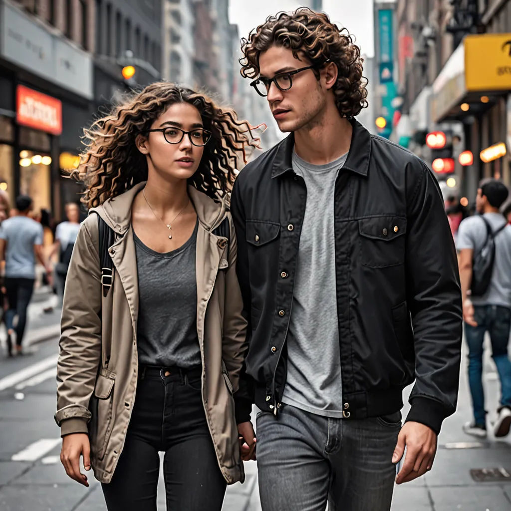 a man and a woman walking down a street together, both wearing glasses and jackets, one with curly hair, maximalism, a stock photo, Christian Hilfgott Brand, promotional image