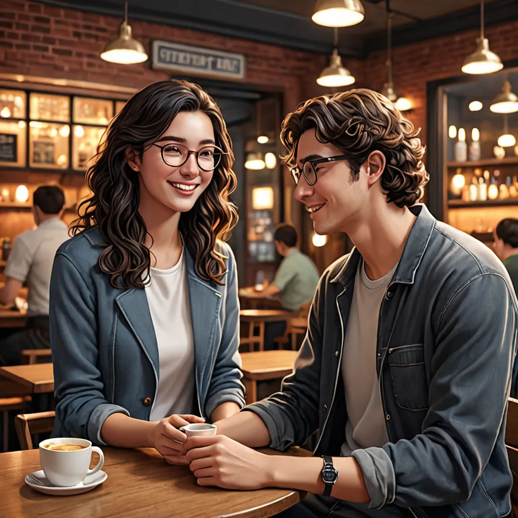a man and a woman sitting at a table in a restaurant looking at each other and smiling at each other, serial art, a stock photo, Colin Middleton, glasses
