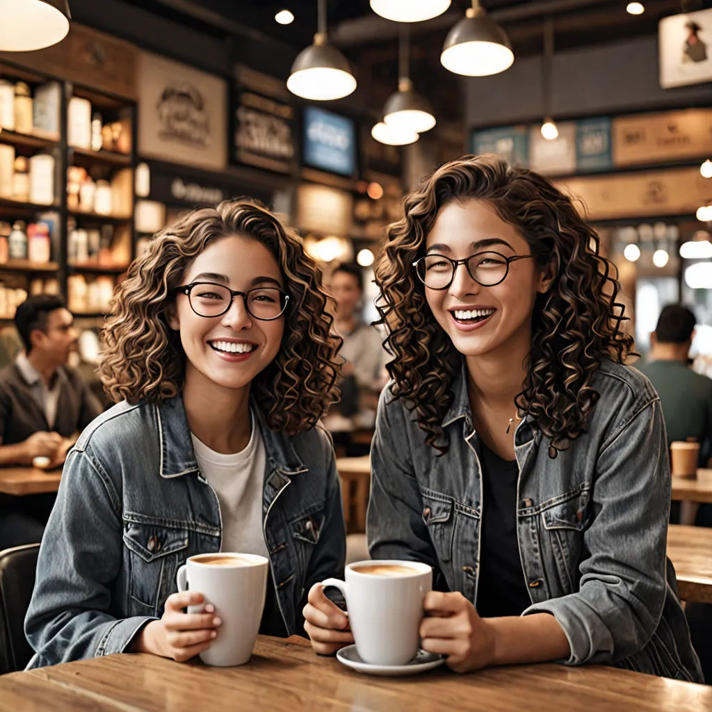 two women sitting at a table with cups of coffee in front of them smiling at the camera, with people in the background, optical illusion, a stock photo, Altichiero, portrait photography