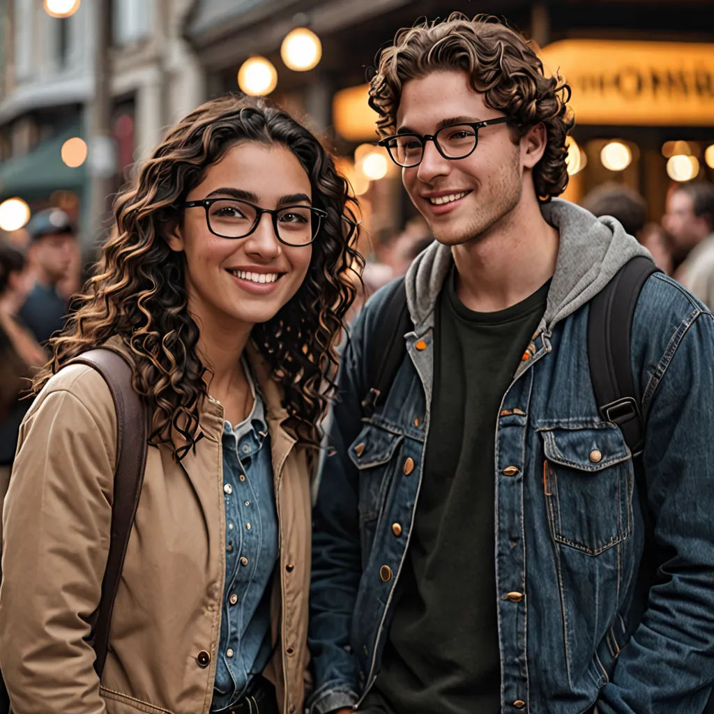 a man and a woman standing next to each other in front of a crowd of people in a city, barbizon school, a stock photo, Christian Hilfgott Brand, glasses