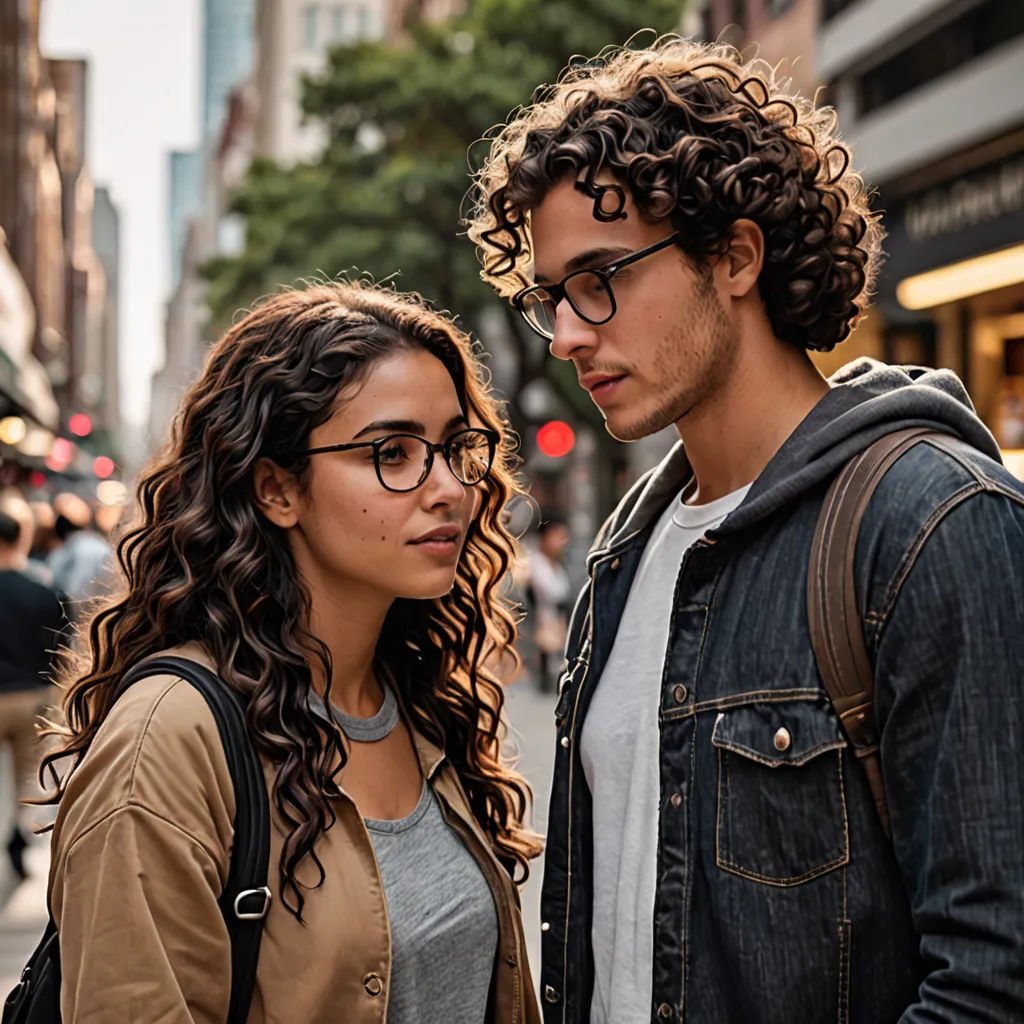a man and a woman standing on a street corner looking at something on a cell phone and a man in a jacket and glasses, serial art, a stock photo, Elias Goldberg, promotional image