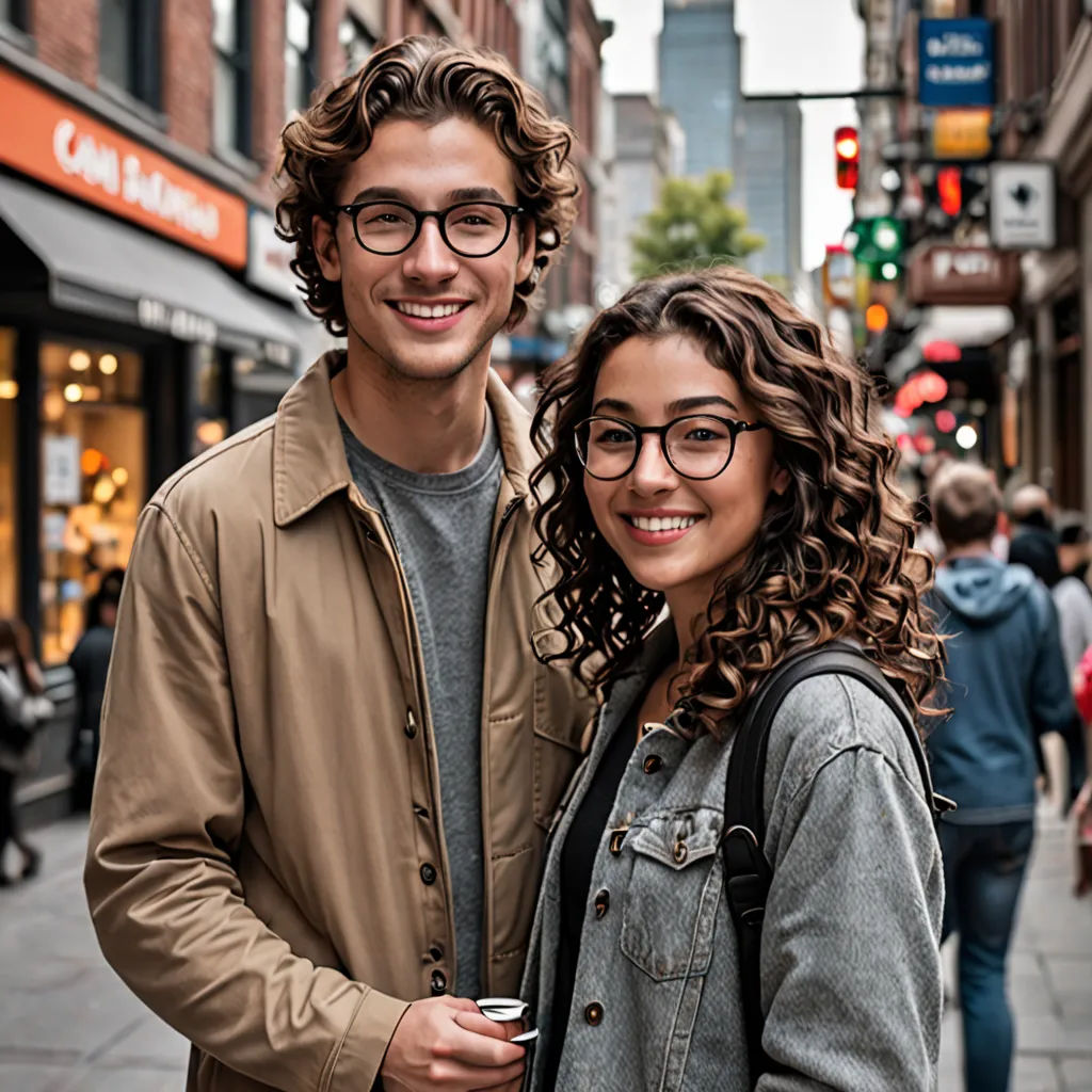 a man and a woman standing on a street corner smiling for the camera, with a city street in the background, vancouver school, a stock photo, Christian Hilfgott Brand, glasses