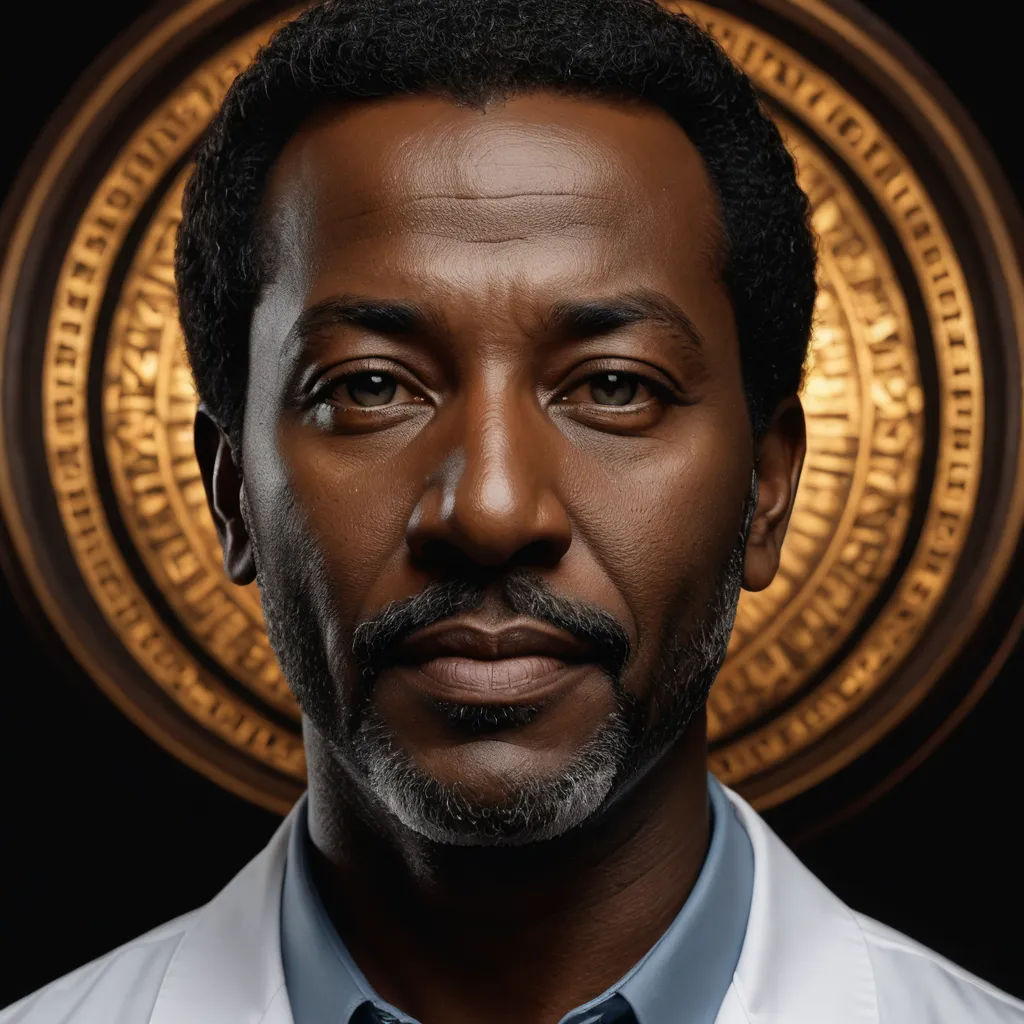 a man with a beard and a white shirt and tie in front of a gold circle with a black background, afrofuturism, a character portrait, Dr. Atl, promotional image