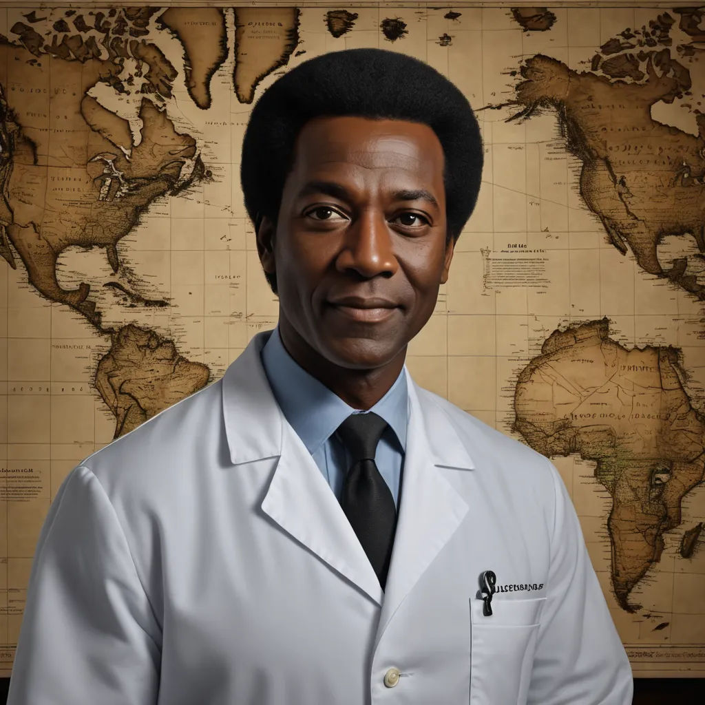 a man in a lab coat and tie standing in front of a map of the world with a black hair, afrofuturism, a character portrait, Derold Page, promotional image