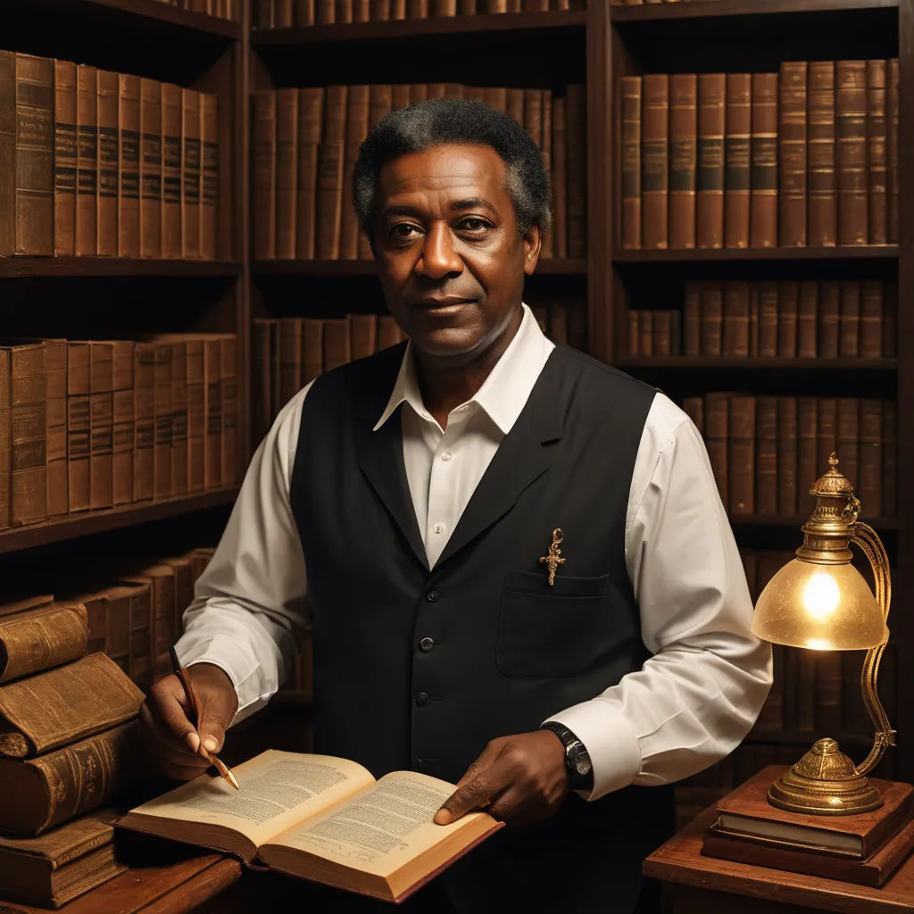 a man holding a book in front of a desk with a lamp and bookshelves in the background, academic art, a character portrait, Felipe Seade, portrait photography