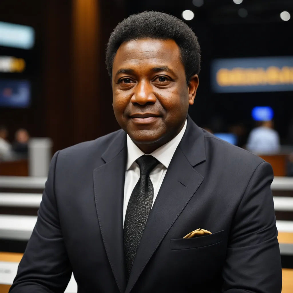 a man in a suit and tie sitting at a table in a conference room with a microphone in his hand, black arts movement, a portrait, Bruce Onobrakpeya, uhd 8 k
