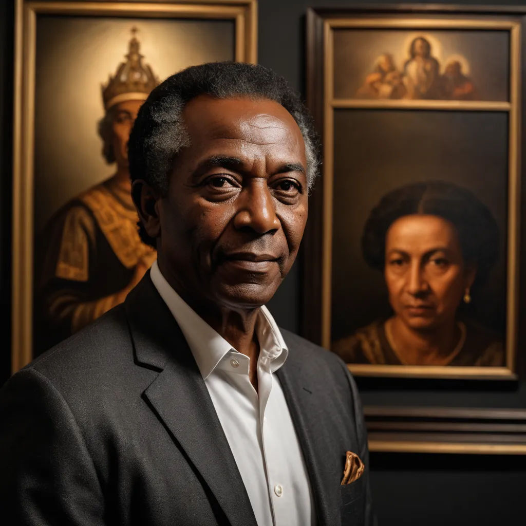 a man in a suit standing in front of paintings of people in frames on a wall behind him is a woman, black arts movement, a portrait, Ambrosius Benson, rembrandt lighting