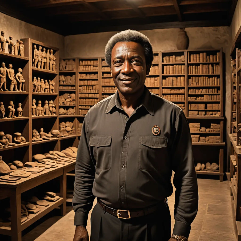 a man standing in a room full of shelves of wooden figurines and shelves of clay figures and pottery, black arts movement, a bronze sculpture, Antonio Donghi, stanley artgermm