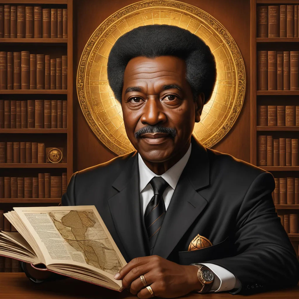a painting of a man in a suit holding a book in front of a library full of books and a gold medallion, funk art, a character portrait, Cleve Gray, highly detailed digital painting