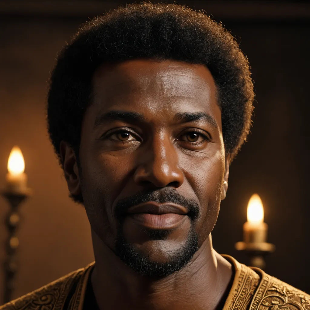 a man with a beard and a gold shirt in front of candles and a wall with candles on it, black arts movement, a character portrait, Derold Page, promotional image