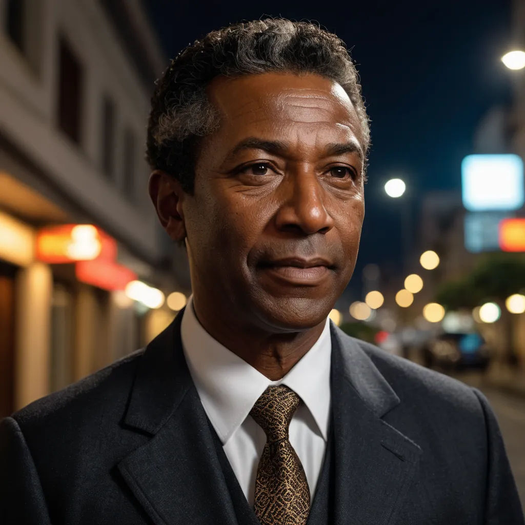 a man in a suit and tie standing on a street at night with a city street in the background, black arts movement, a character portrait, Derold Page, promotional image