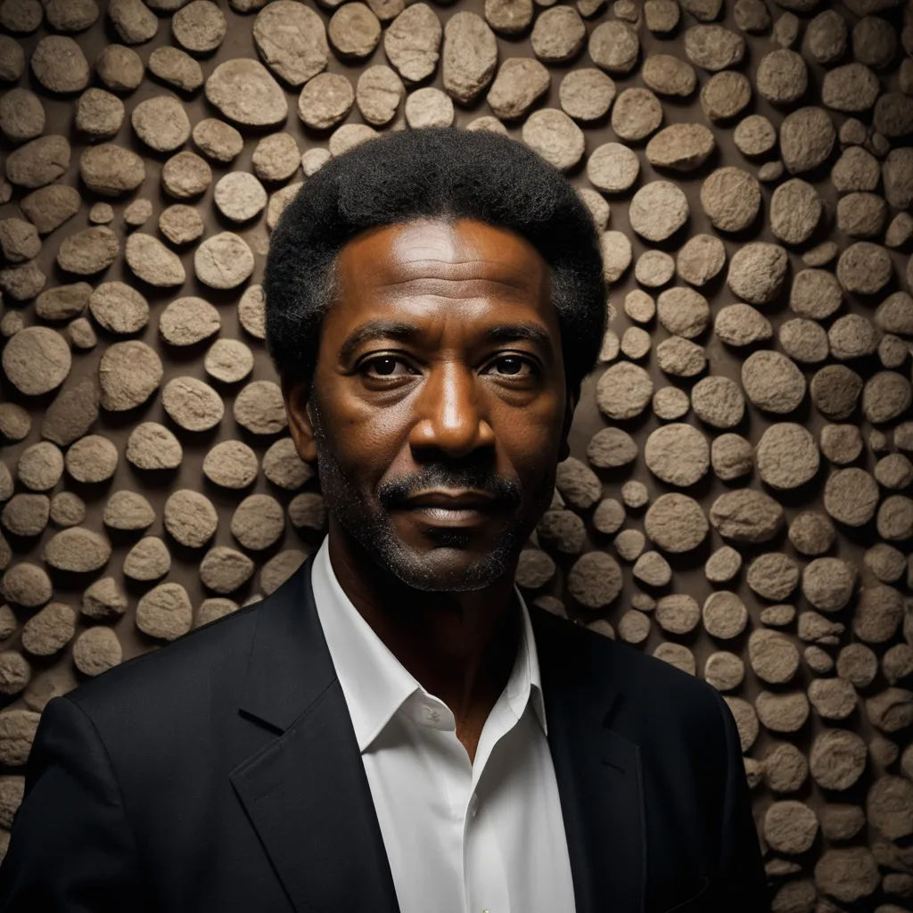 a man in a suit and tie standing in front of a wall of rocks with a white shirt and black blazer, black arts movement, a character portrait, Chafik Charobim, head and shoulders portrait