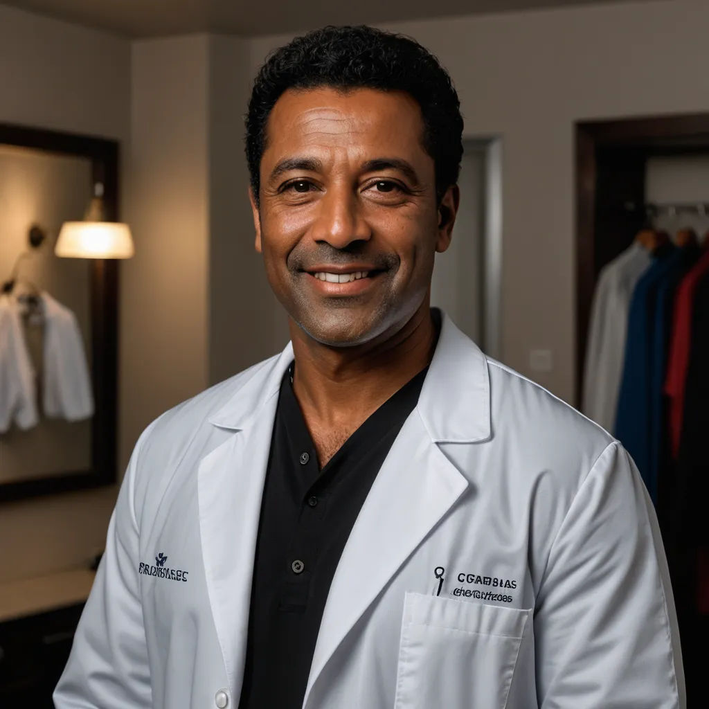 a man in a white lab coat standing in a room with a mirror and a closet with shirts on it, neoplasticism, a character portrait, Chafik Charobim, head and shoulders portrait
