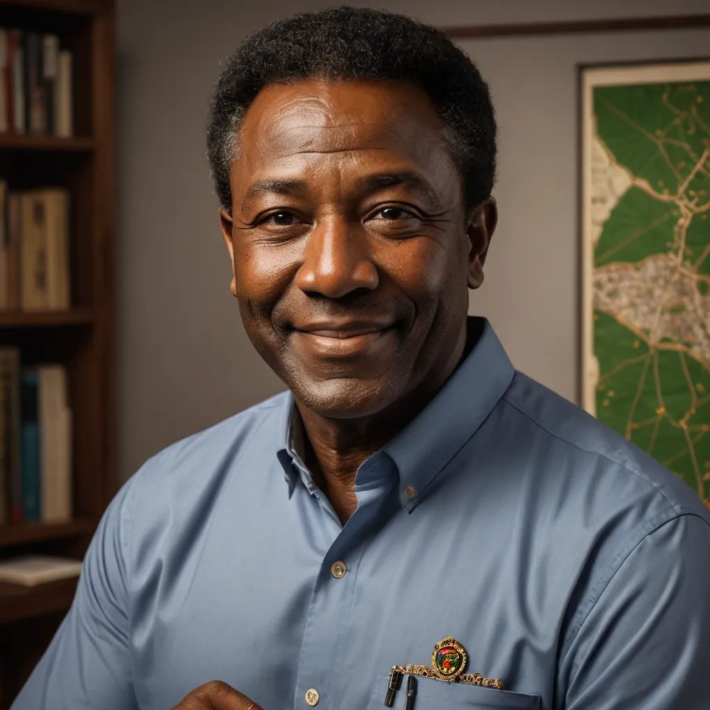 a man in a blue shirt is smiling for the camera with a bookcase in the background and a map on the wall, regionalism, a character portrait, Bill Lewis, professional photo