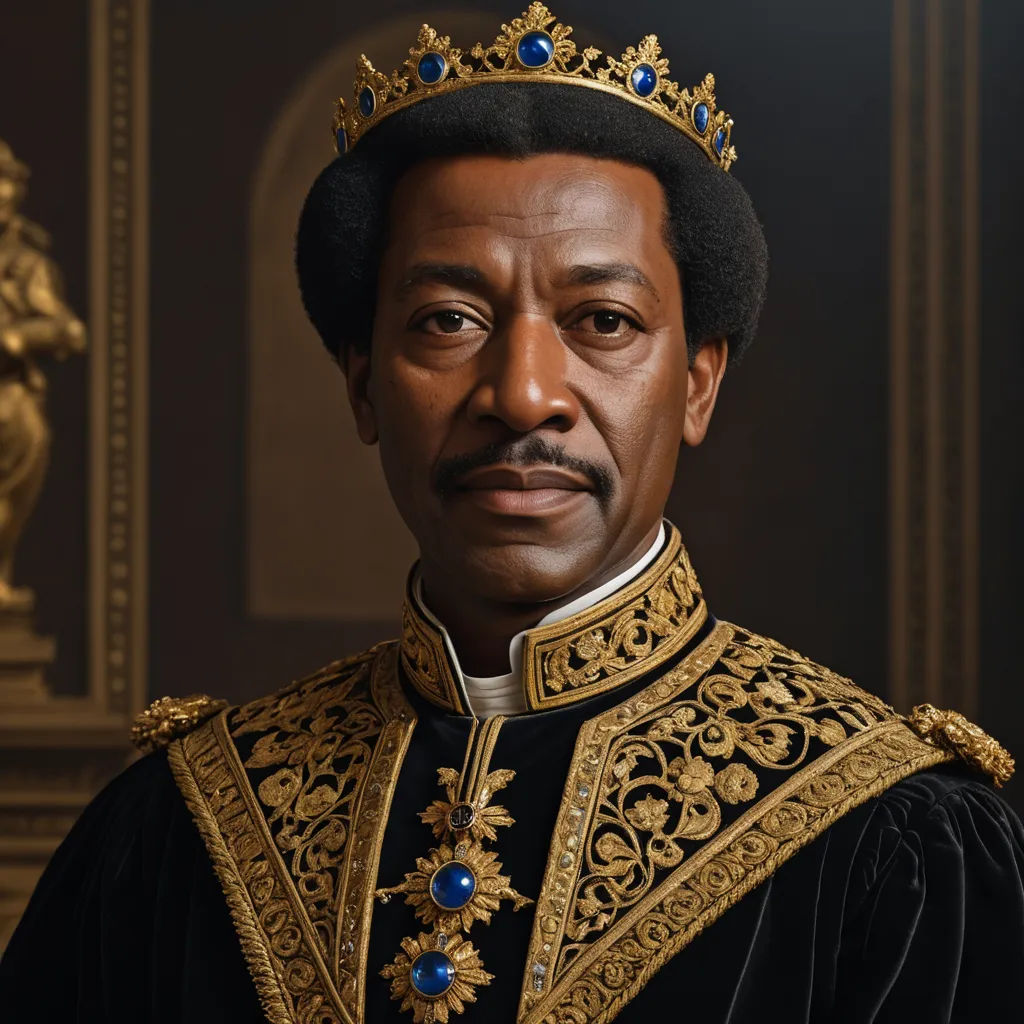 a man in a crown and a black outfit with a gold trim and blue jewels on his neck and chest, sots art, a photorealistic painting, Charles Bird King, highly detailed digital painting