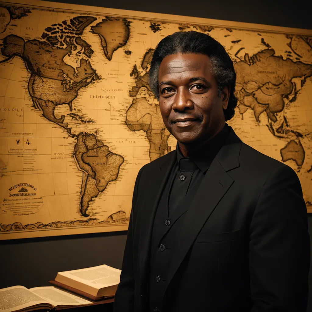 a man in a suit standing in front of a map of the world with a book on it's desk, black arts movement, a character portrait, Amos Sewell, promotional image