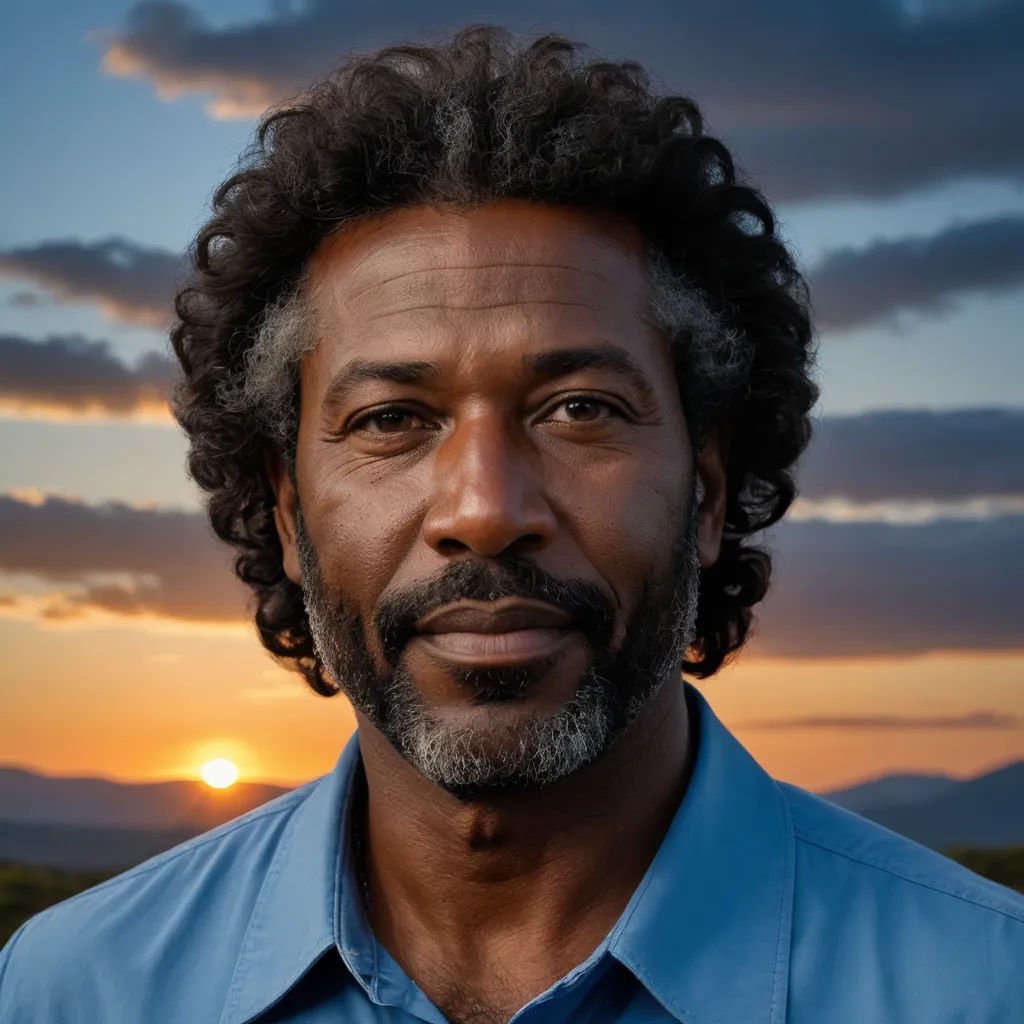 a man with a beard and a blue shirt is looking at the camera with a sunset in the background, naturalism, a character portrait, Darrell Riche, portrait photography