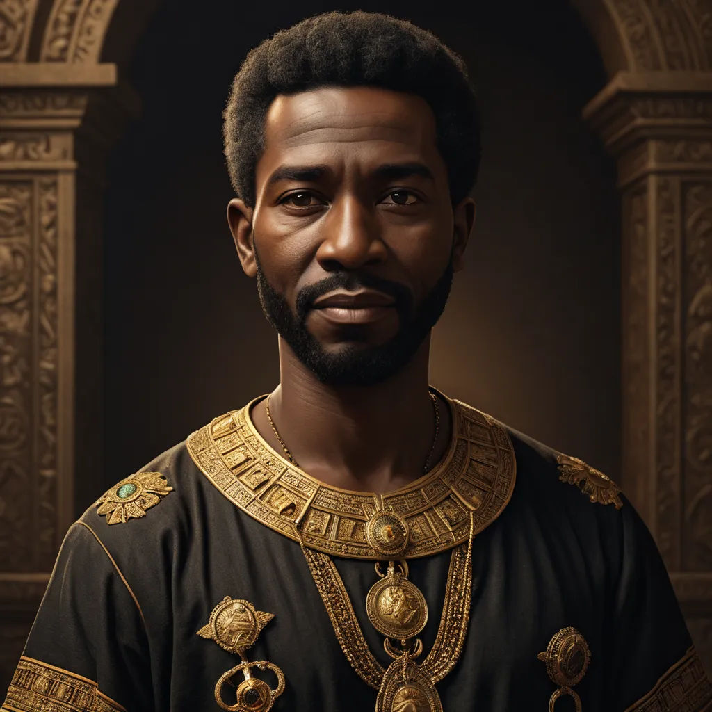 a black man wearing a gold necklace and a black shirt with a gold collar and a beard and a gold necklace, afrofuturism, a character portrait, Chafik Charobim, highly detailed digital painting