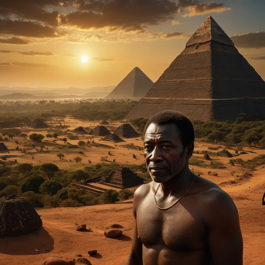 a man standing in front of a pyramid in the desert with a sunset in the background and a few other pyramids in the distance, afrofuturism, a detailed matte painting, Cedric Seaut (Keos Masons), cinematic photography