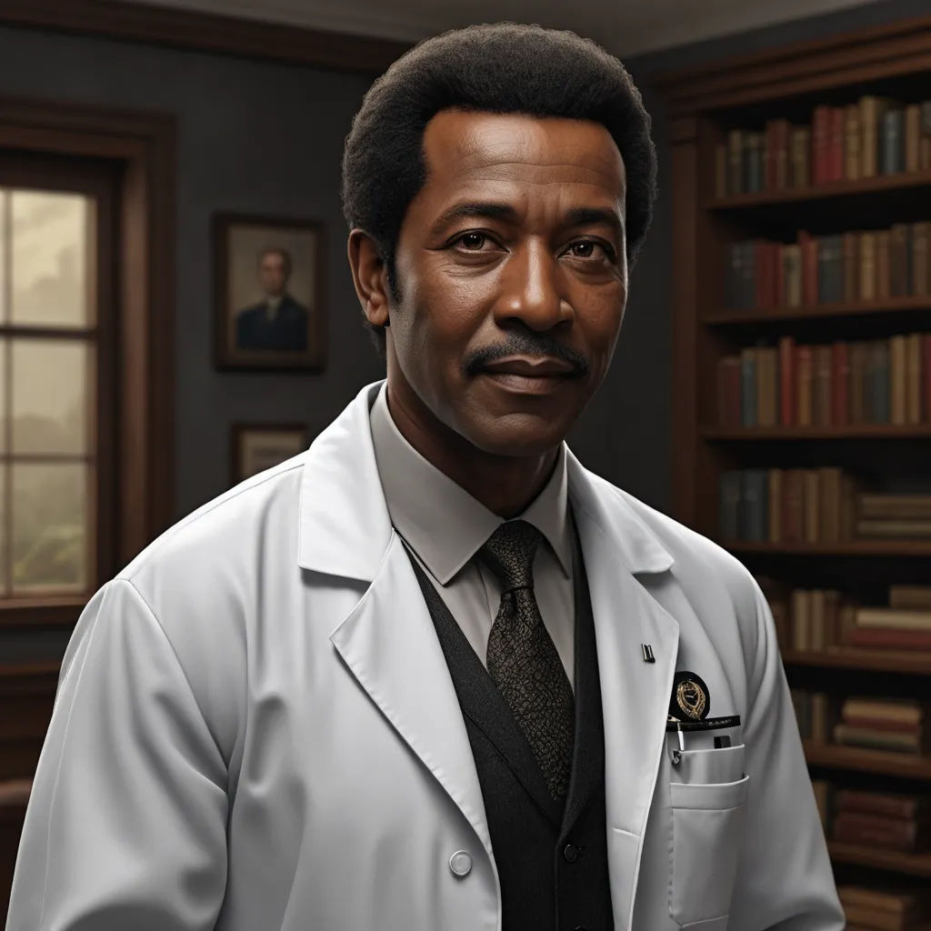 a man in a lab coat and tie in a library with bookshelves and a window behind him, american scene painting, a character portrait, Derold Page, character portrait