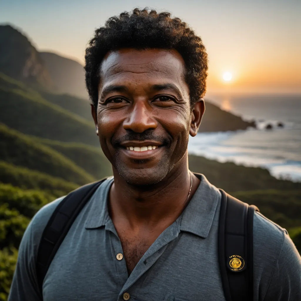 a man with a backpack on a mountain near the ocean at sunset with a sunset in the background and a mountain range in the foreground, rayonism, a character portrait, Bruce Onobrakpeya, head and shoulders portrait
