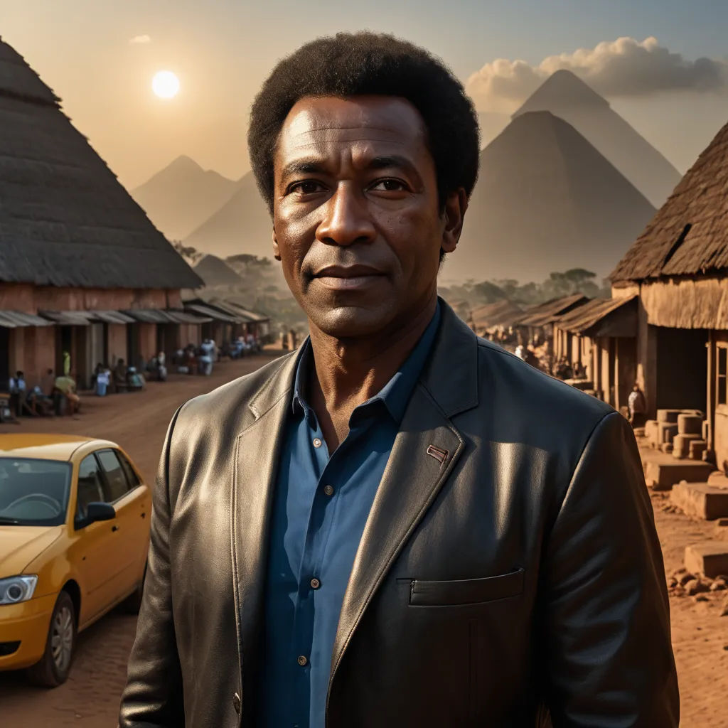 a man in a leather jacket standing in front of a village with a car parked in front of him, afrofuturism, a character portrait, Bruce Onobrakpeya, promotional image