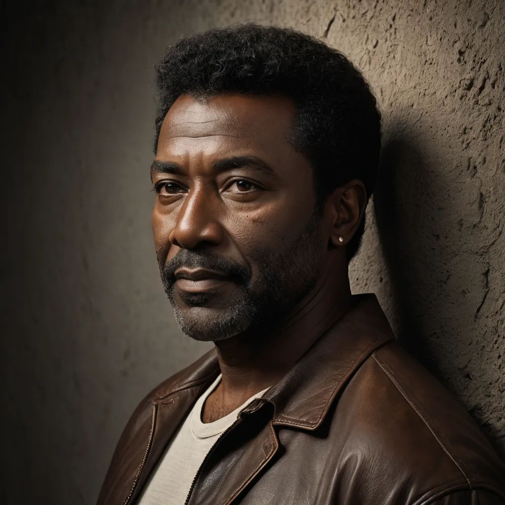 a man with a beard and a leather jacket on leaning against a wall with a serious look on his face, black arts movement, a character portrait, Derold Page, promotional image