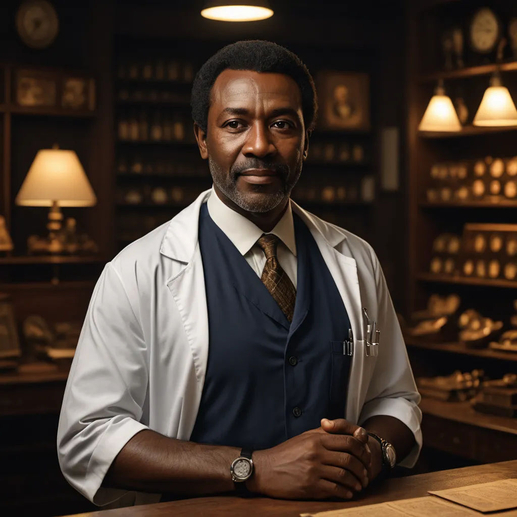 a man in a lab coat and tie standing in front of a desk with a clock on it and a lamp on the wall, private press, a character portrait, Derold Page, promotional image