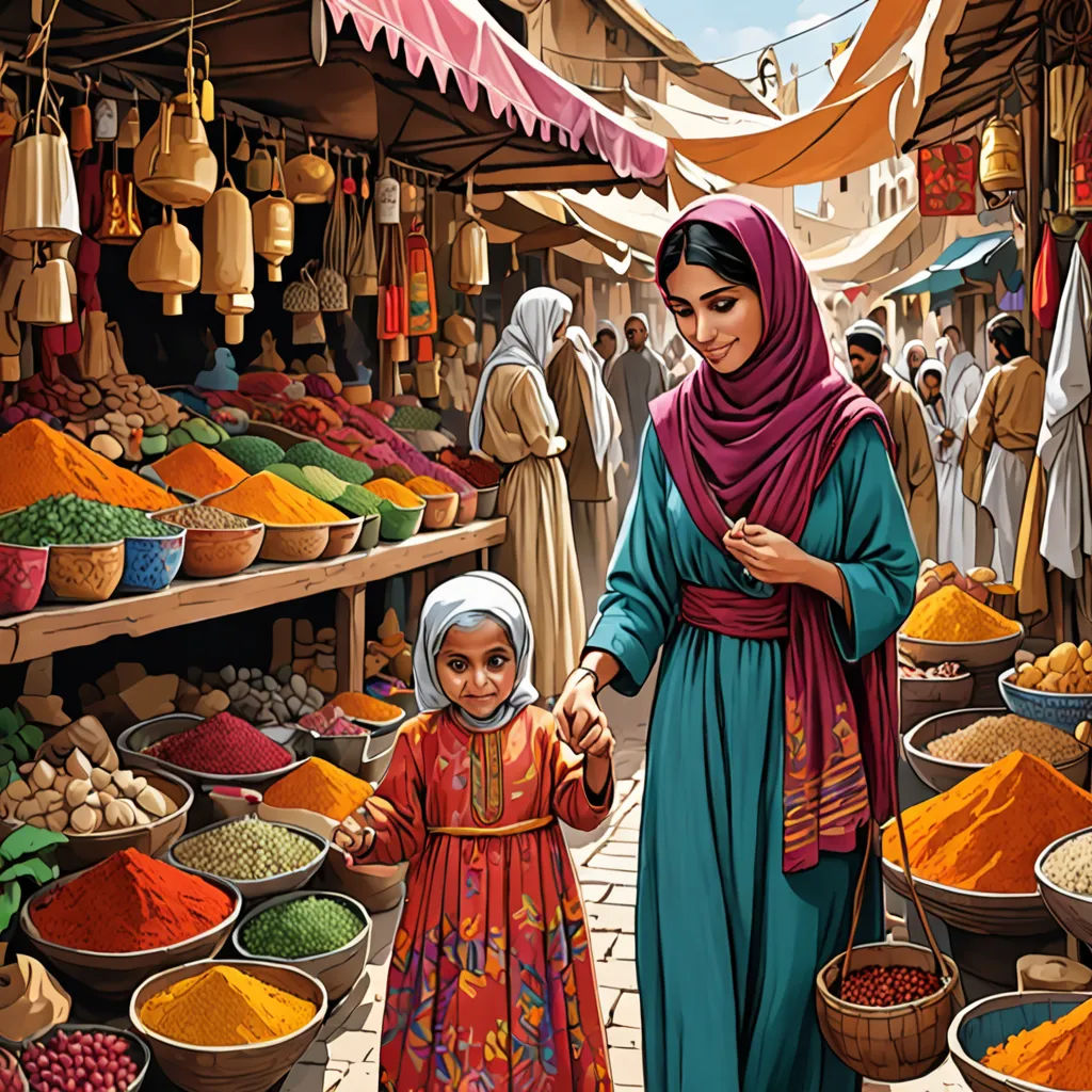 a painting of a woman and child in a market with lots of food items on display in bowls and baskets, magical realism, a storybook illustration, Colin Middleton, orientalism