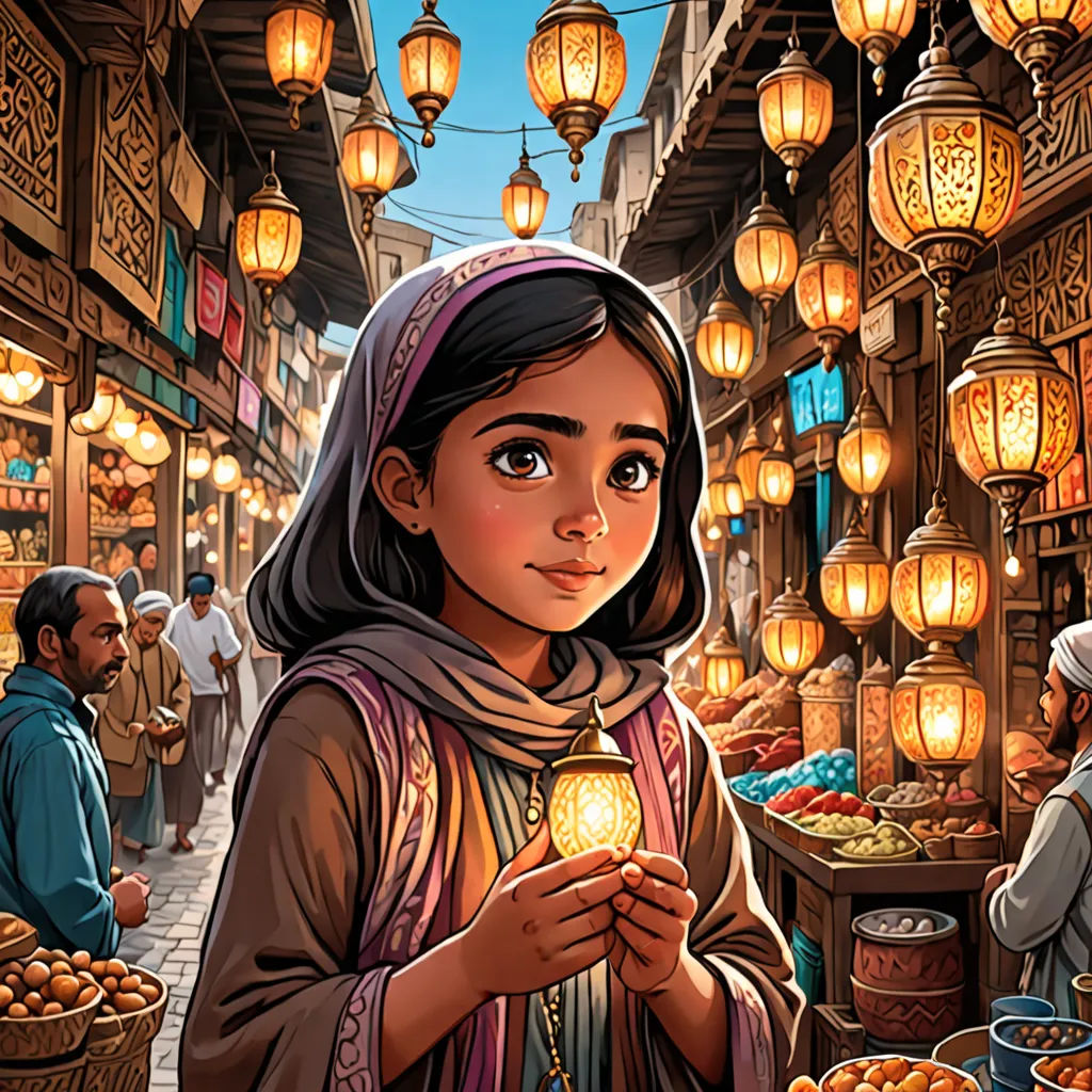 a woman holding a lantern in a market with people around her and lanterns hanging from the ceiling above her, magical realism, a storybook illustration, Drew Struzan, orientalism