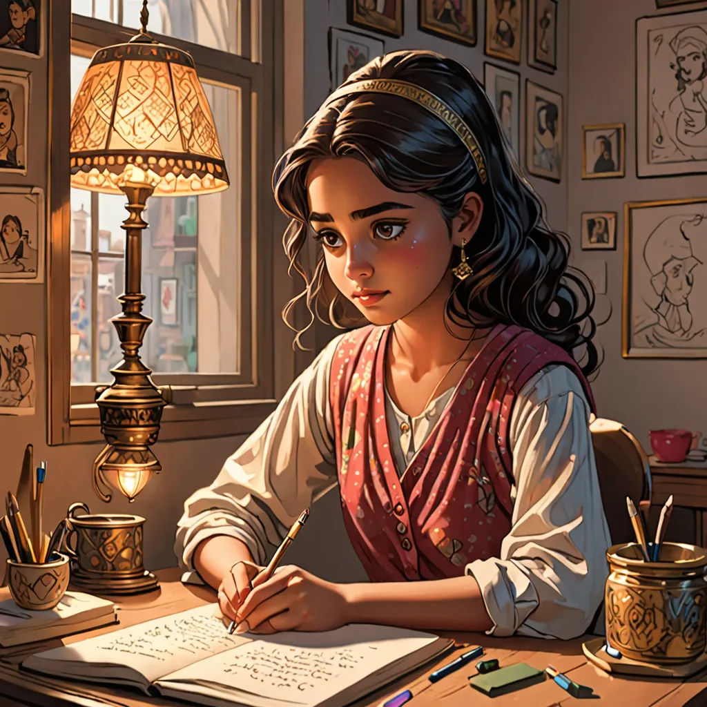 a girl sitting at a desk writing on a piece of paper with a lamp on the side of the desk, fantasy art, a storybook illustration, Artgerm, rossdraws global illumination