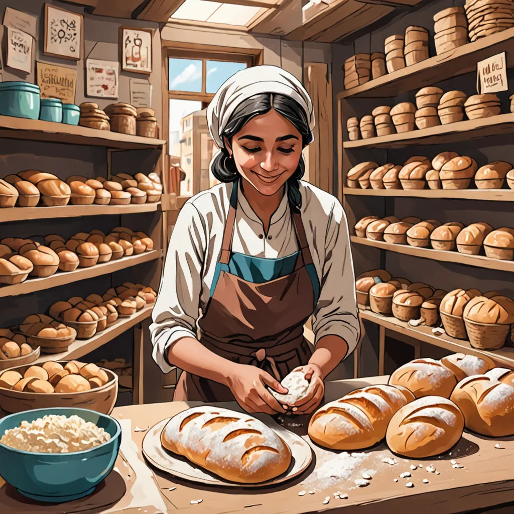 a woman in an apron is making bread in a bakery with bread and other bread products on shelves behind her, socialist realism, a storybook illustration, Colin Middleton, highly detailed digital painting