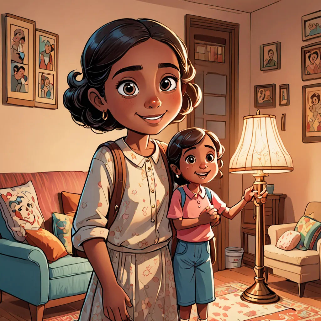 a woman and a girl standing in a living room next to a lamp and a couch with pictures on the walls, serial art, a storybook illustration, Ella Guru, comic cover art