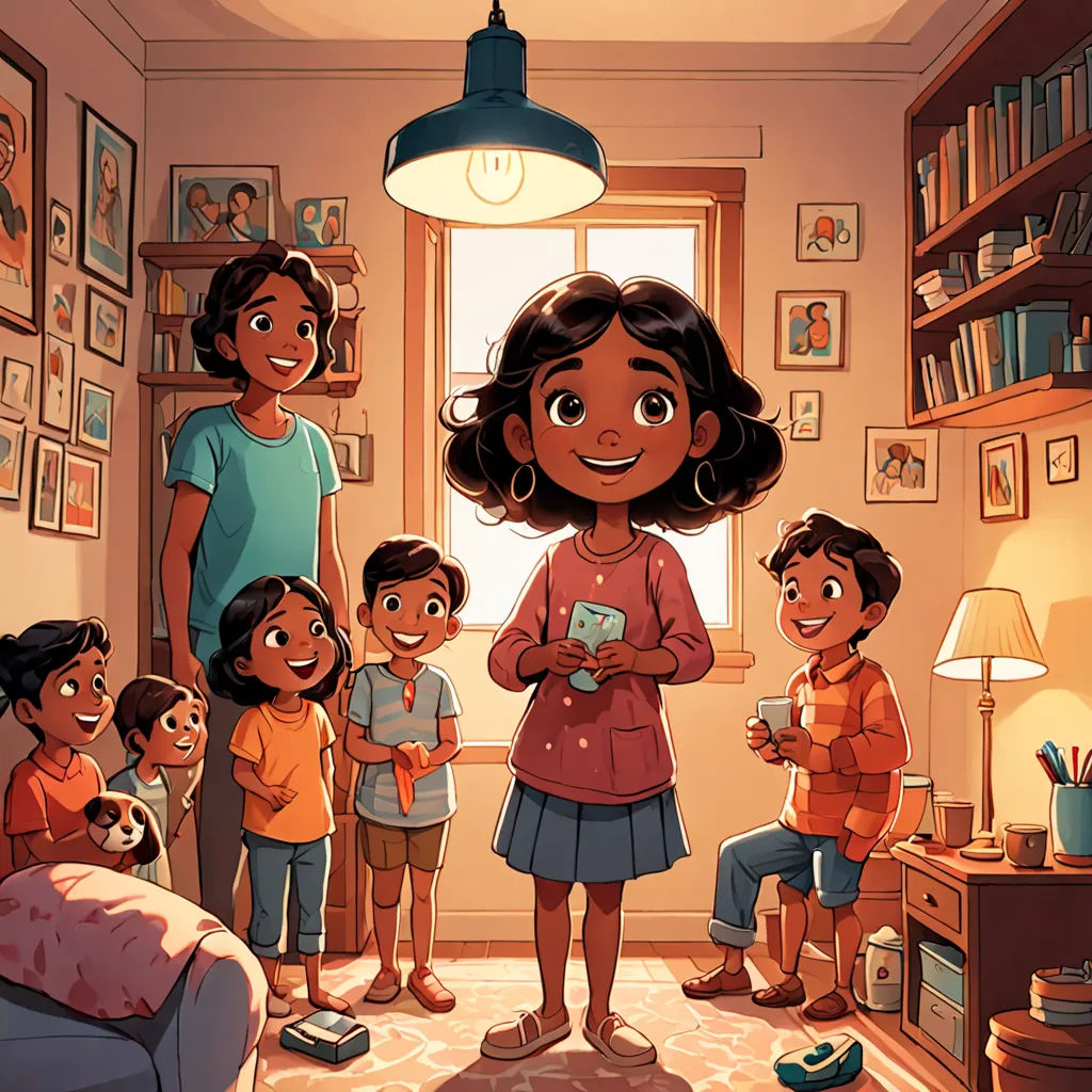 a cartoon of a woman standing in a living room with children looking at a book on a tabletop, serial art, a storybook illustration, Asaf Hanuka, comic cover art