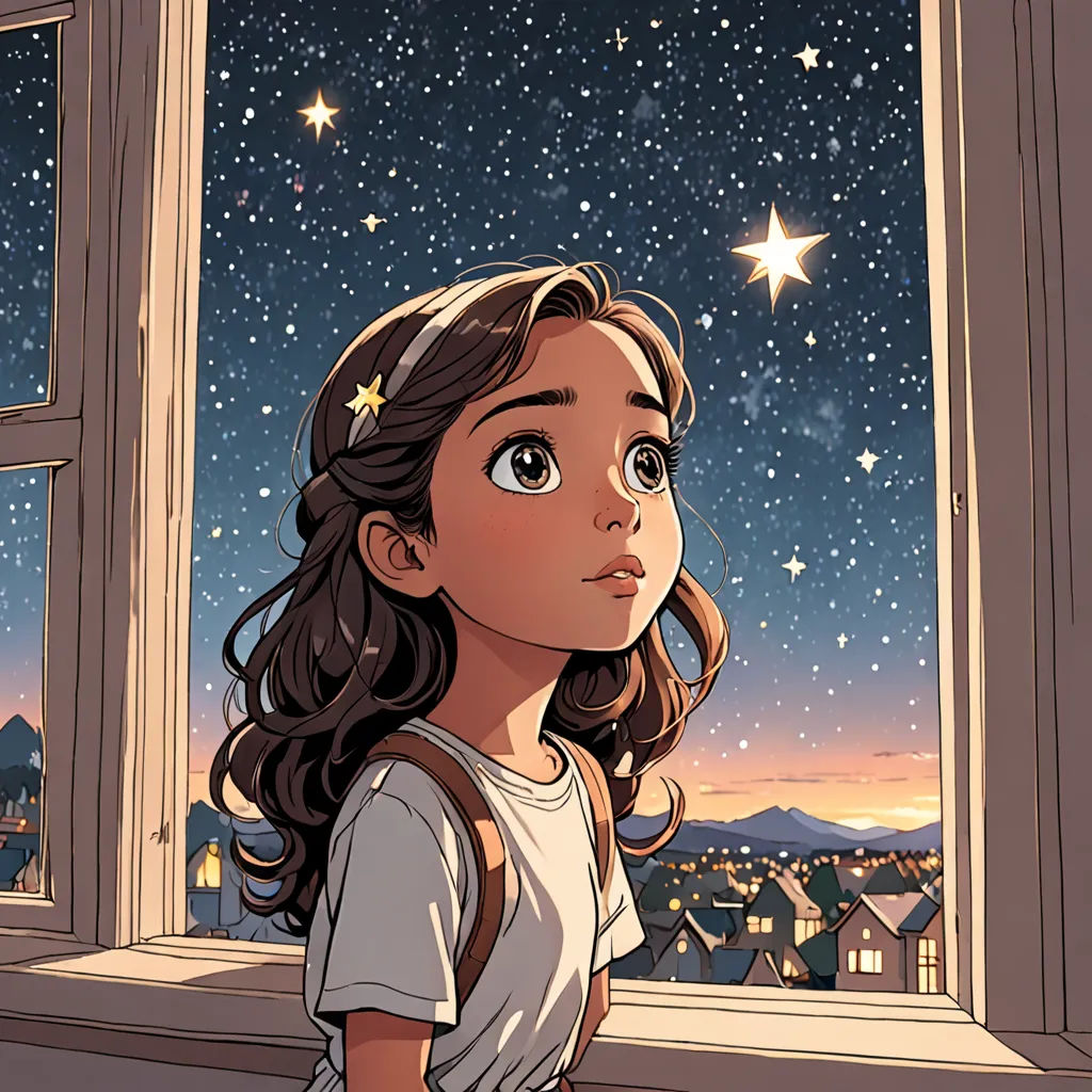 a girl looking out a window at the stars in the sky above her head and a city below her, space art, a storybook illustration, Atey Ghailan, stars