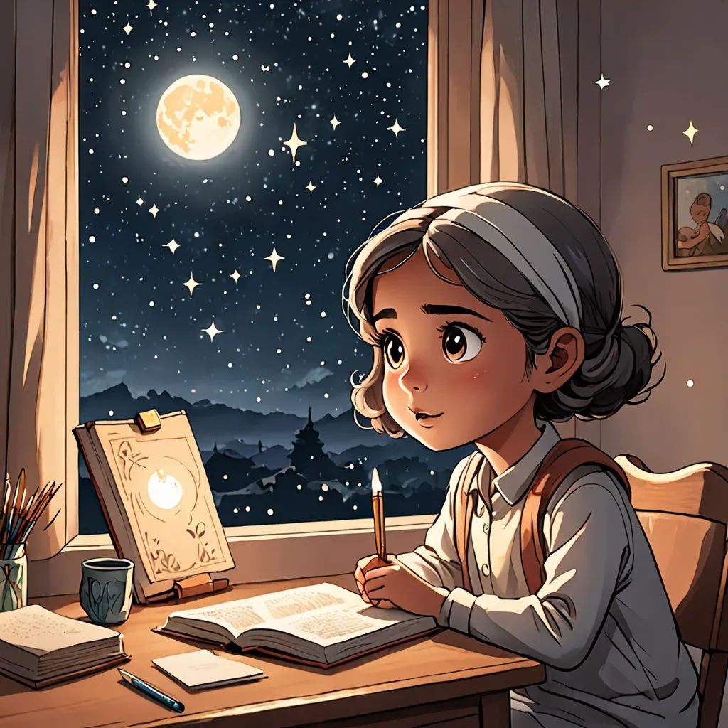a girl sitting at a desk writing on a book and looking out the window at the stars and the moon, space art, a storybook illustration, Atey Ghailan, trending on art station