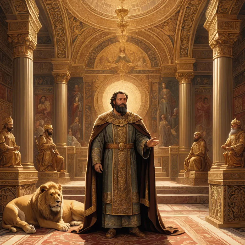 a painting of a man in a golden outfit standing in a room with lions and lions around him and a lion laying on the floor, renaissance, a detailed painting, Christophe Vacher, highly detailed digital painting