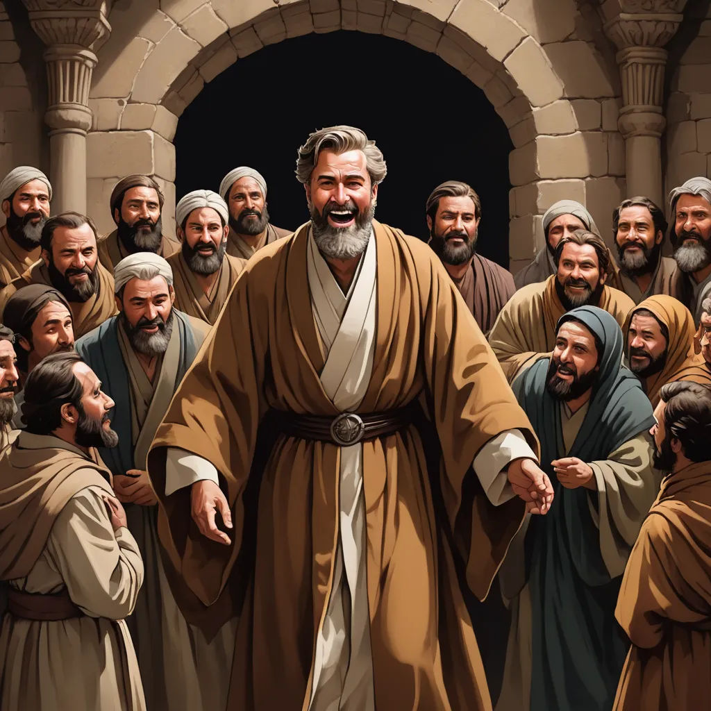 a painting of jesus walking through a crowd of people with his hands in his pockets and his head in his hands, excessivism, a storybook illustration, F Scott Hess, highly detailed digital painting