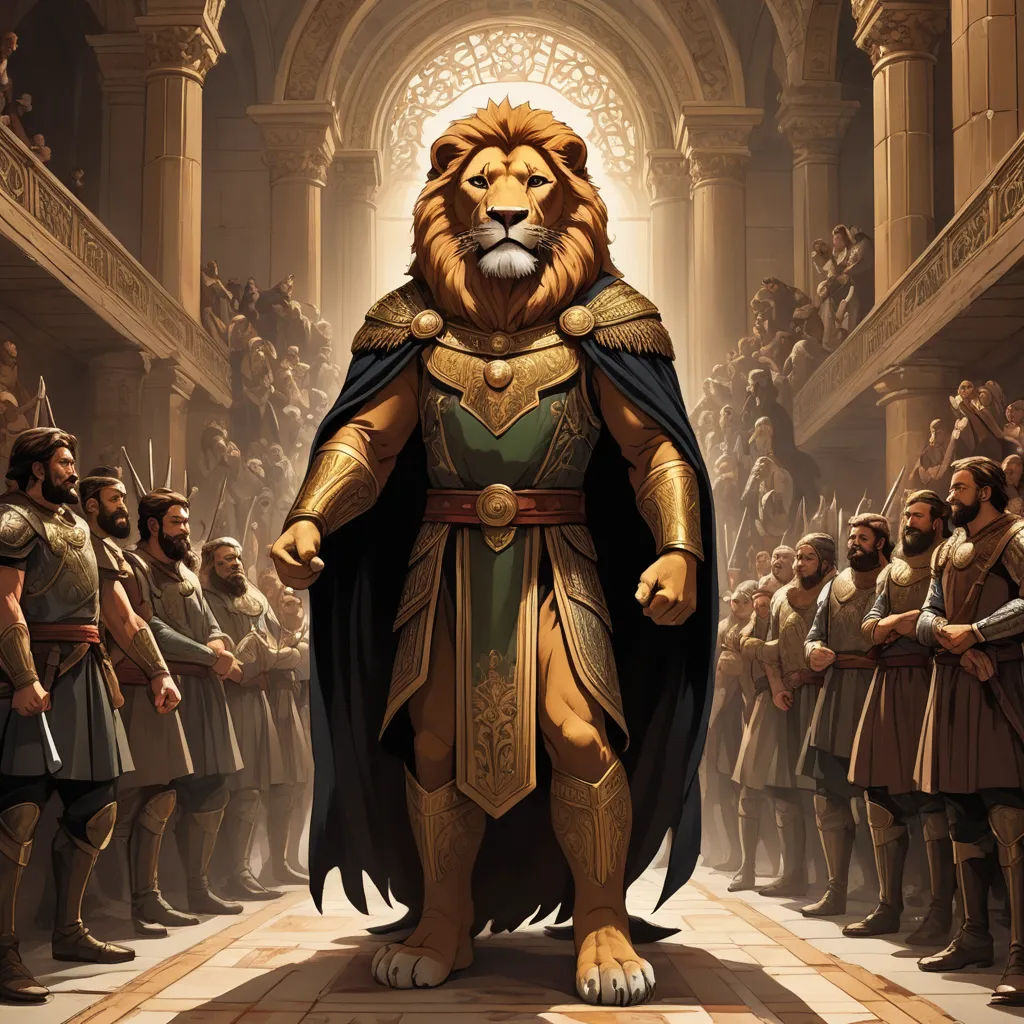 a lion in a golden armor standing in front of a crowd of people in a building with a lion on its chest, sots art, concept art, Clint Cearley, epic fantasy character art