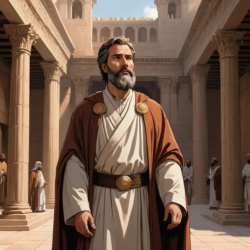a man in a white robe and brown cape standing in a courtyard with columns and a clock tower in the background, unilalianism, a storybook illustration, Colin Middleton, high detail illustration