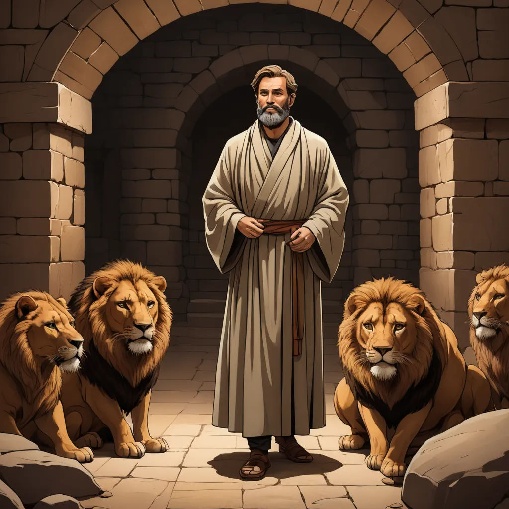 a man standing in front of lions in a tunnel with a stone wall and archway behind him, with a lion in the foreground, furry art, a storybook illustration, Edward George Handel Lucas, high detail illustration