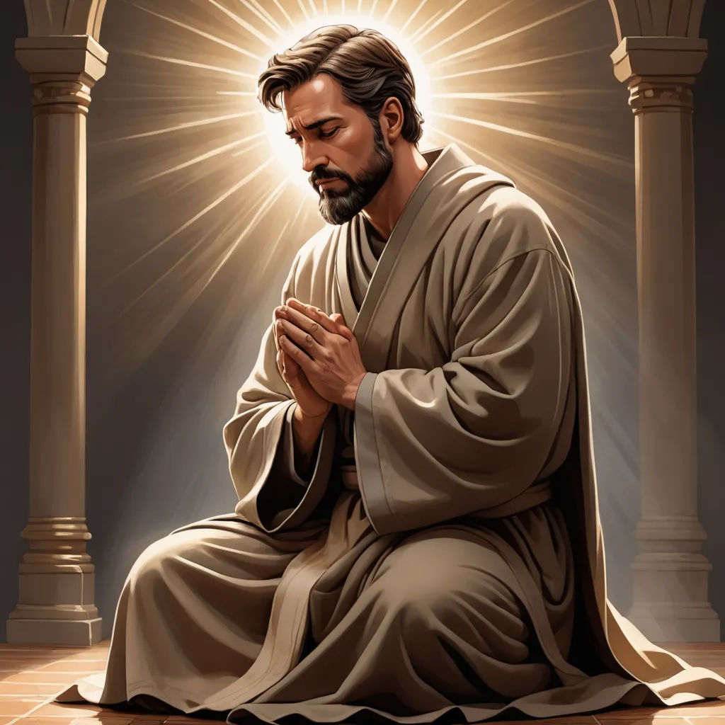 a painting of jesus sitting in a room with a light shining on him and his hands folded in prayer, figurative art, an ultrafine detailed painting, Christophe Vacher, radiant light