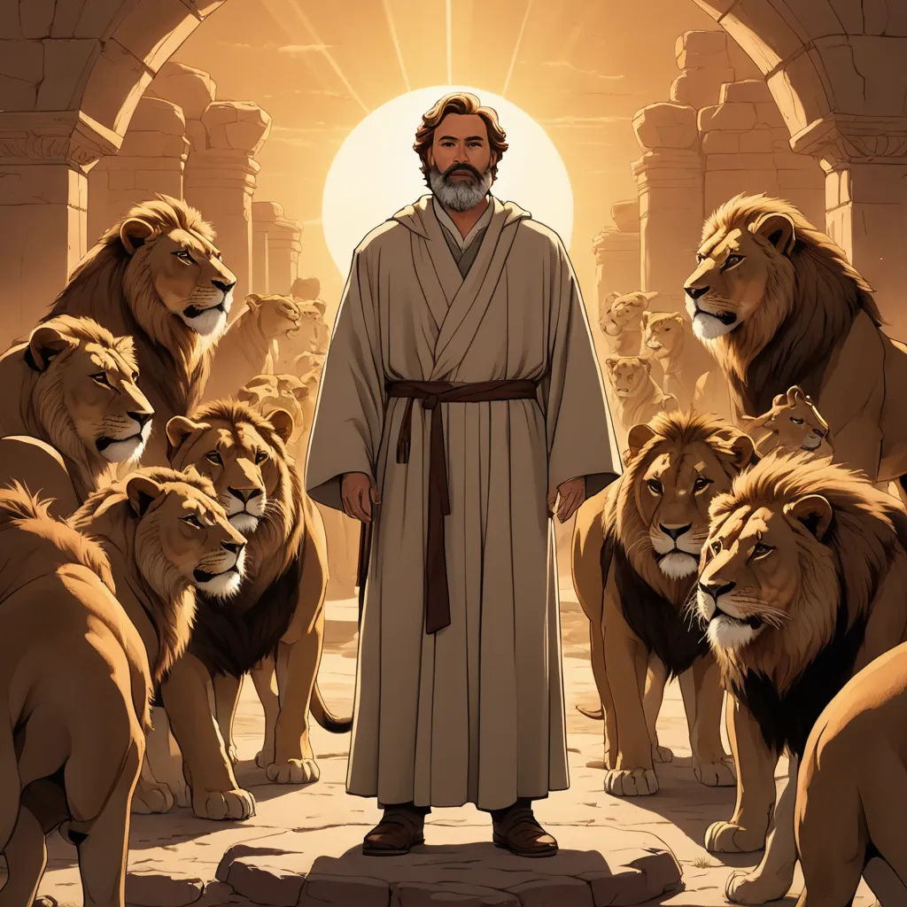 a man standing in front of a group of lions in a cave with a man standing in front of them, furry art, concept art, Drew Struzan, official art