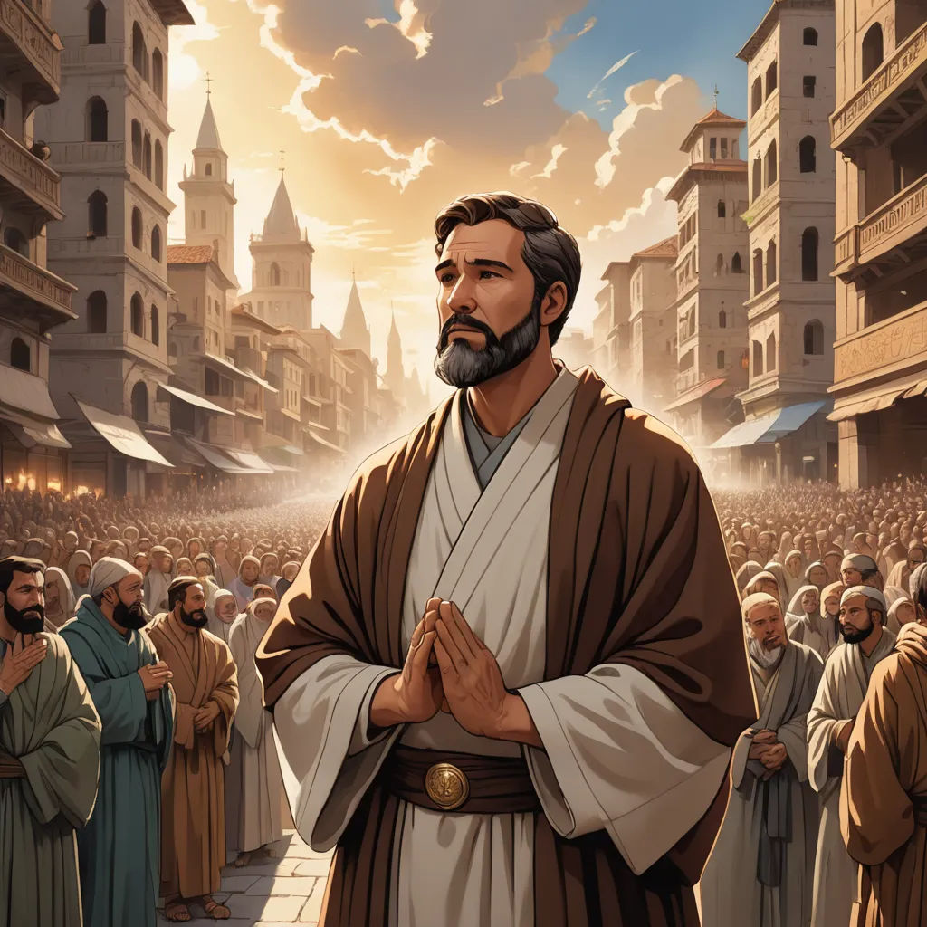 a painting of jesus standing in front of a crowd of people in a city with buildings and clouds in the background, excessivism, a comic book panel, F Scott Hess, kinkade