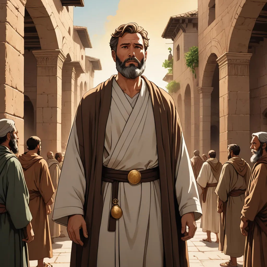 a man in a brown robe standing in a courtyard with other men in brown robes and one man in brown robes, unilalianism, a comic book panel, Asaf Hanuka, graphic novel