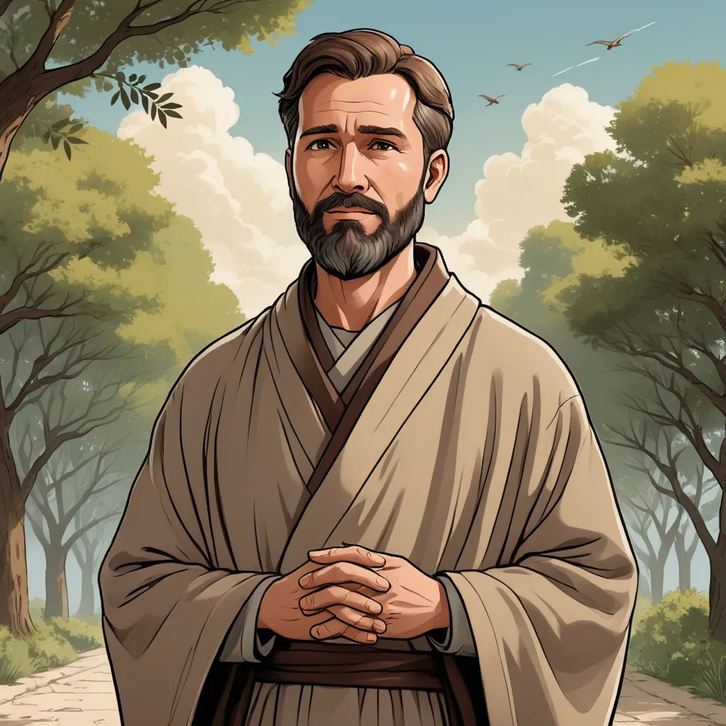 a man with a beard and a robe on standing in a forest with trees and a bird flying overhead, figurativism, a character portrait, Edward George Handel Lucas, official art