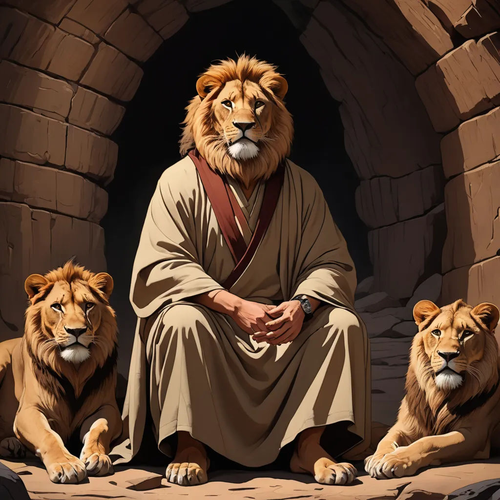 a man sitting in a cave with three lions next to him and a lion behind him, with a lion in the background, furry art, a digital painting, Christophe Vacher, trending on art station